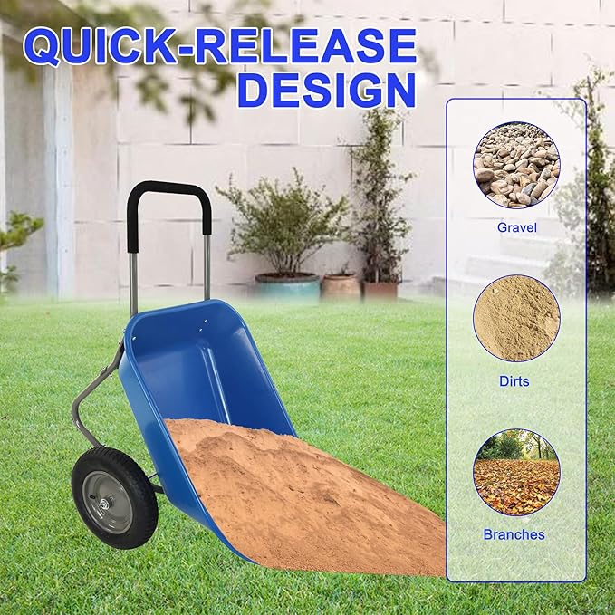 Dual-Wheel Garden Wheelbarrow, 5 Cubic Feet Poly Tray Wheel Barrow with Two 15-Inch Pneumatic Tires, 300 lb Capacity Lightweight Yard Cart for Lawn, Garden, Landscaping & Home Use,Blue