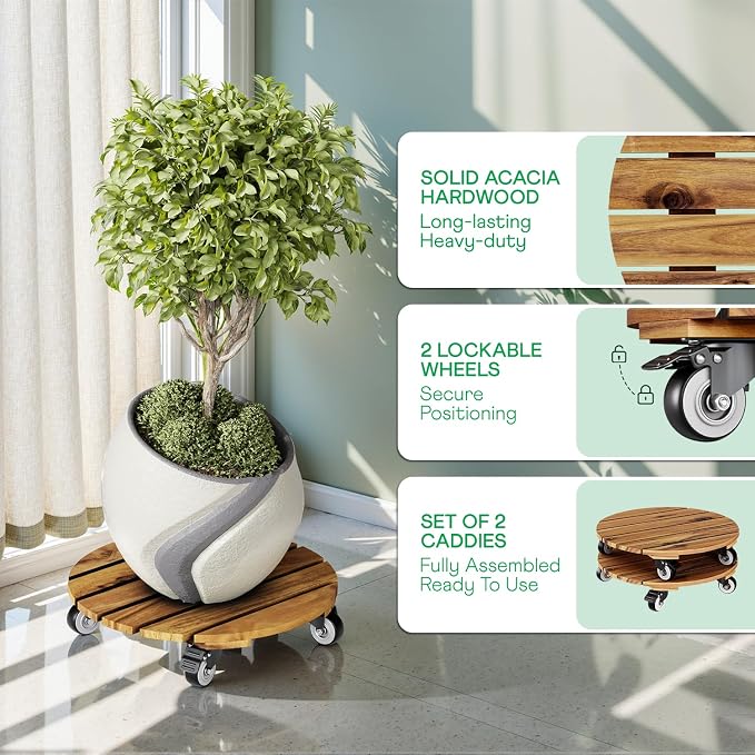 2-Pack 14 Inch Acacia Wood Rolling Round Plant Caddy, Plant Caster for Heavy Duty Plant Stand with 360° Lockable Wheels, 264 lbs Capacity Caddy for Indoor and Outdoor Use, Natural Wood