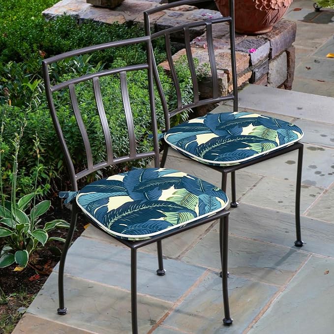 Outdoor Chair Cushions 16"x17" Set of 4, Water Resistant Patio Chair Pads with Ties, Seat Cushions for Home Garden Furniture Decoration, Swaying Palms Blue