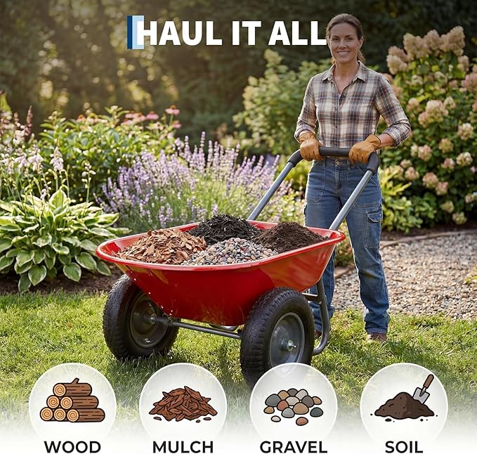 Garden Wheelbarrow Cart, Heavy Duty Utility Cart with Dual Wheels and Built-in Stand, Iron and Plastic Yard Cart for Home, Lawn and Garden