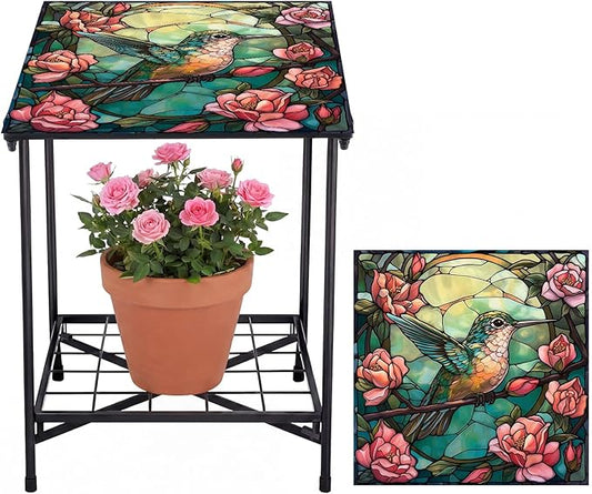 Cinnvoice Outdoor Side Table 2-Tier Storage Square Small Mosaic Patio Accent Indoor End Plant Coffee Tea Table for Yard Patio Porch Garden Living Room, Bedroom(Hummingbird Style)