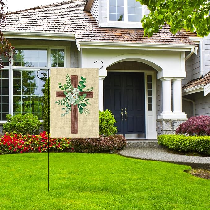 WATINC Spring Summer Eucalyptus Christian Cross Linen Garden Flag- 12 x 18 Inch Easter Religious Yard Flag for Outside, Double Sided House Outdoor Decoration for Porch Lawn Pathway (Green)