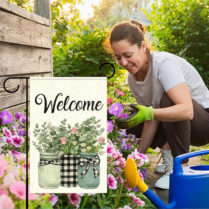 Welcome Flags for Outside,Spring Eucalyptus Buffalo Plaid Garden Flag for Yard Patio Lawn Decoration,12x18 Inch Double Sided