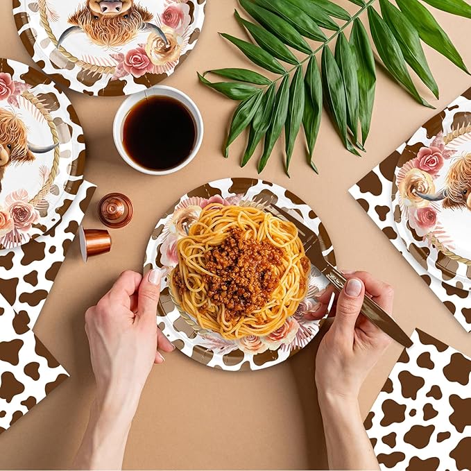 48Pcs Highland Cow Birthday Party Decorations Cute Cartoon Highland Cow Theme Party Plates Napkins and Forks or Baby Shower Supplies Set for 16 Guests