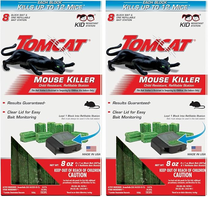 Tomcat Mouse Killer Child Resistant, Refillable Station with Clear Lid for Easy Monitoring, 1 Bait Station and 8 Refills (Pack of 2)