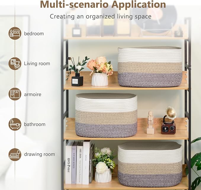 ECDYQXVU 15x10x9 Inch Woven Cotton Rope Storage Basket, 2 Pack | Foldable Design, Built-in Handles, Space-saving Organizer for Living Room, Bedroom, Laundry, Shelves, Clothes, Towels