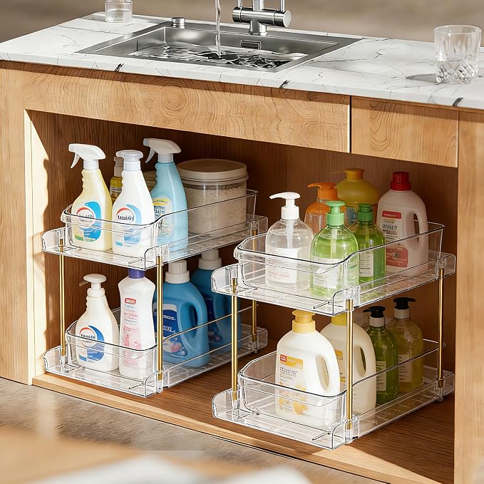 LAREKUN4pack 2-Tier Organizer & Storage Unit Stackable Bathroom Cabinet Organizer Pull-Out Kitchen Pantry Organizer & Storage System Suitable for Countertops, Pantries, Kitchens, Bathrooms