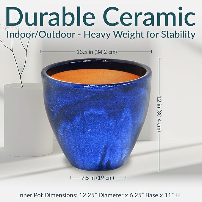 Sunnydaze Large Ceramic Plant Pot - Round Outdoor Glazed Ceramic Planter Pot with Drainage - Resort - Imperial Blue - 13.5"