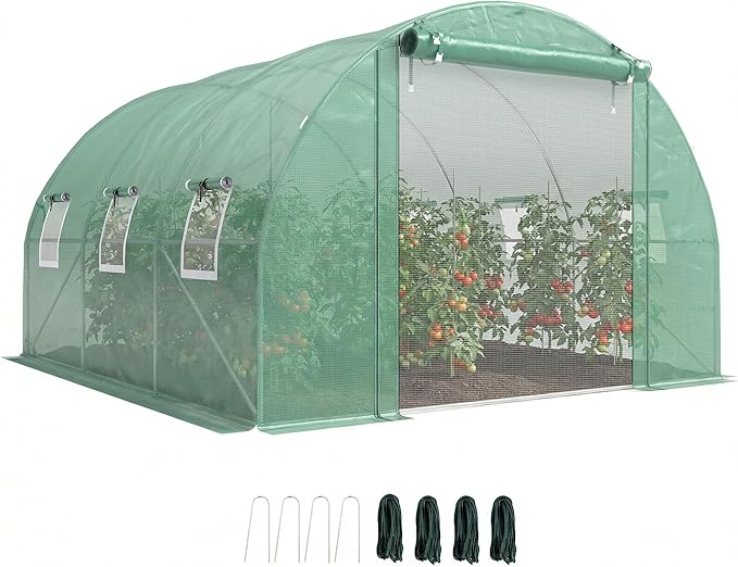 Outsunny 10'x11'x6' Walk-in Tunnel Greenhouse with Shelves, Mesh Door and Windows, Hoop House Greenhouse with PE Cover, Outdoor Green House for Patio Lawn Garden, Green