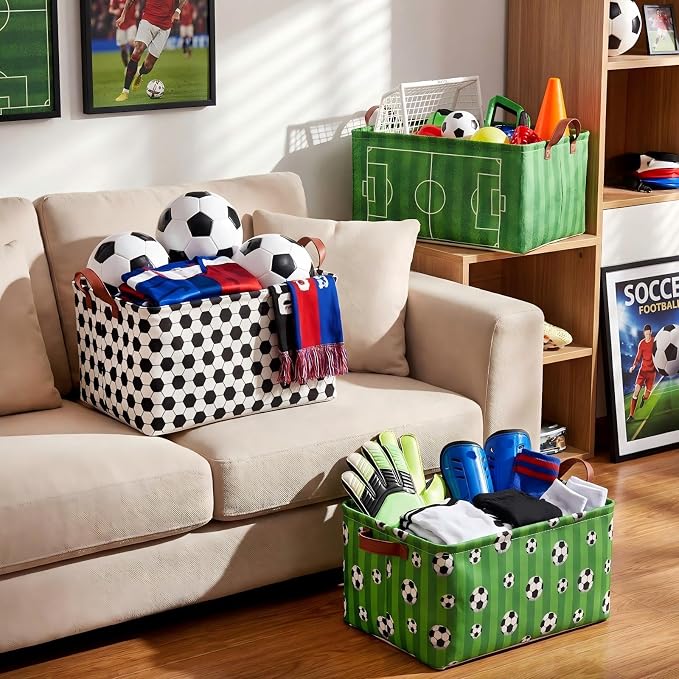 3 Pack Storage Baskets Waterproof Canvas with Leather Handles Storage Bins Basket Organizer Collapsible for Closet Clothes Room Decor (Soccer)