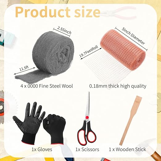 Copper Mesh Rodent Control Kit 1 Pack Rustproof Mesh Roll and 0000 Steel Wool Mouse Hole Filler with Gloves, Scissors for House Garden Home Garage(5in X 19.7ft)