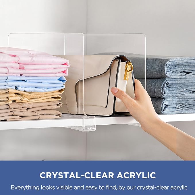 HBlife 24 Pack Clear Shelf Dividers, Vertical Purse Organizer for Closet Perfect for Sweater, Shirts, Handbags in Bedroom and Kitchen, Adjustable Acrylic Bookshelf for Organization