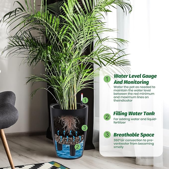 16" Tall Round Planter Set of 2, Self Watering Pots, Large Planter for Indoor Outdoor Plants, Built-in Drainage and a Water Level Monitor, for Patio, Porch, Living Room, or Home Office, Black