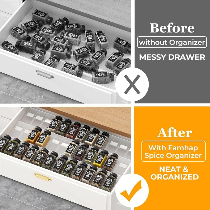 Famhap Spice Drawer Organizer, 36PCS Interlocking Expandable Seasoning Rack Tray Insert for Kitchen Drawers, Spice Rack Drawer for Spice Jars | Non-slip, Interlocking Spice Rack Tray, Sturdy Plastic, Versatile for Kitchen Spice Jars Cosmetics