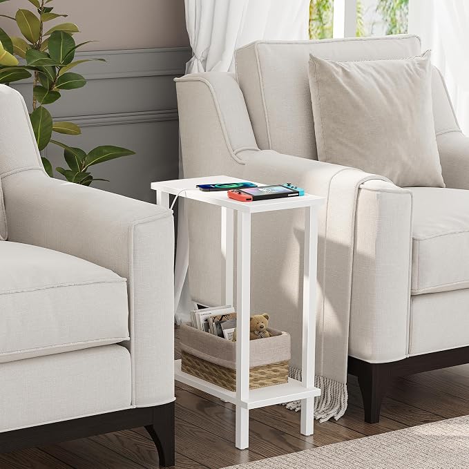 TUTOTAK Narrow Side Table, 2-Tier Small End Table for Couch | Skinny Sofa Table, Slim Nightstand, Easy Assembly for Living Room, Bedroom, White TB01BW062