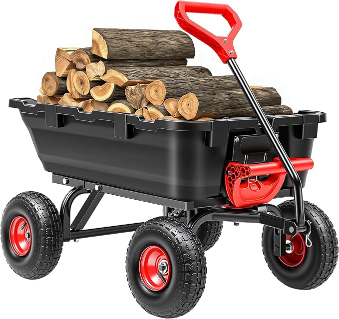 Autodaya 900LB Garden Dump Cart, 2026 Upgraded Heavy Duty Wheelbarrow Cart with 10" Non-Slip Pneumatic Tires & Quick-Release System, 4-Wheel Steel Frame Wagon for Transportation in Yard, Farm, Garden