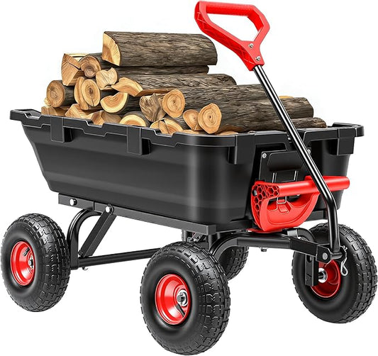 Autodaya 900LB Garden Dump Cart, 2026 Upgraded Heavy Duty Wheelbarrow Cart with 10" Non-Slip Pneumatic Tires & Quick-Release System, 4-Wheel Steel Frame Wagon for Transportation in Yard, Farm, Garden