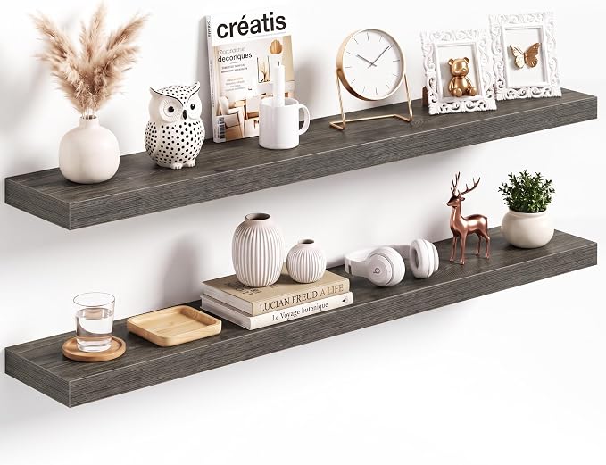 Acovy 48x8in Floating Shelves 2 Pack, Wall Mount Display Shelf, Grayish Oak | Invisible Brackets, 35lb Sturdy MDF, 48in Long, Easy Install, For Bedroom, Bathroom, Living Room, Kitchen & Office