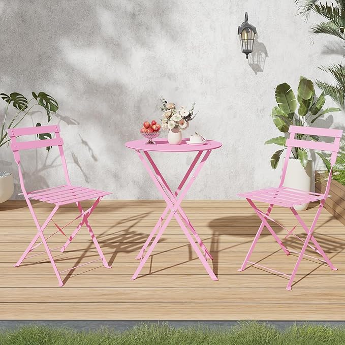 3-Piece Folding Bistro Set, 2 Chairs and 1 Coffee Table, Space Saving Weather-Resistant Frame, Portable Indoor/Outdoor Patio Furniture Conversation Set for Garden Porch Balcony Deck - Pink