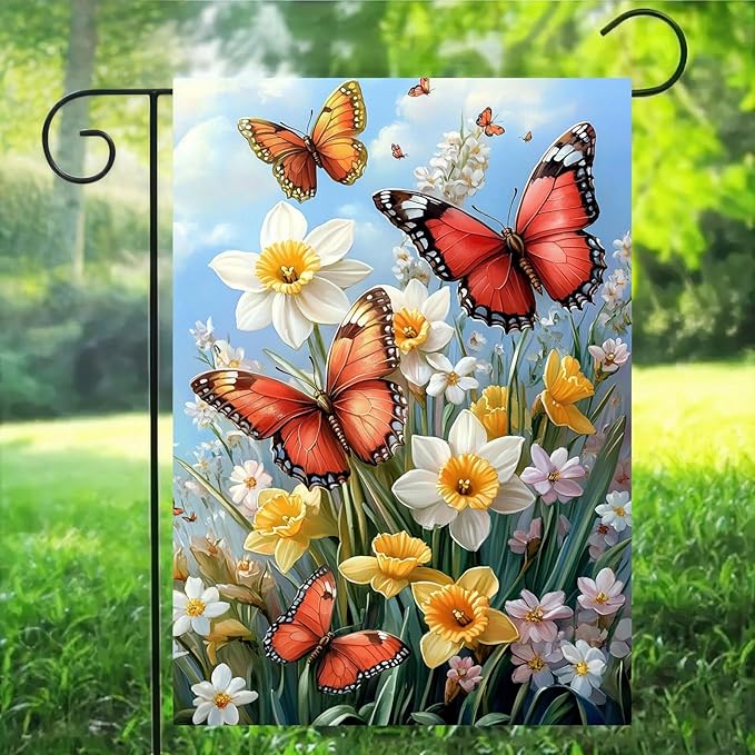 Spring Summer Garden Flag 12x18 Double Sided, Small Burlap Outdoor Butterfly Flowers Yard Lawn Porch Flags Spring Summer Decorations for Outside
