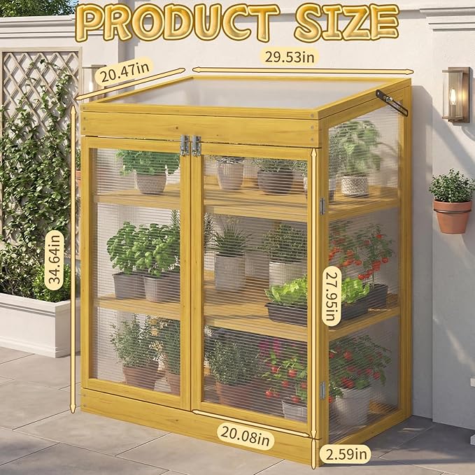 Wooden Cold Frame Greenhouse, Garden Portable Mini Solid Wood Greenhouse Cabinet with Transparent Flip-Top Roof, Raised Flower Plants Shelf Protection for Outdoor Indoor, Natural