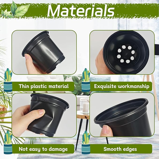 Woozettn 120 Packs Flexible Plastic Nursery Pots,4 Inch Thickened Soft Plastic Pots with Drainage Holes,Garden Seedling Pot for Succulents,Transplanting,Cuttings(Black)