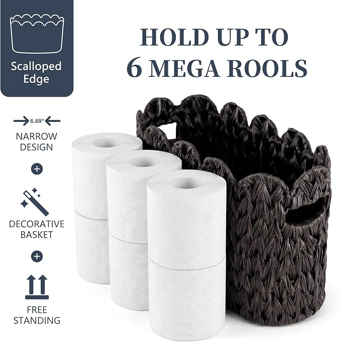 Coeusy Wicker Toilet Paper Storage Basket, Scalloped Basket for Bathroom | Narrow, Slim, Polypropylene, Hand-Woven, Boho Rattan Toilet Paper Holder Basket for 6 Mega Rolls with Handle,Boho Decor,Black