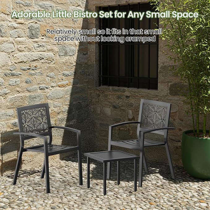 BUPPLEE 3 Piece Patio Bistro Set, Outdoor Steel Furniture Set, Stackable Modern Conversation Sets for Balcony Garden Deck Patio w/2 Chairs 1 Table, Black