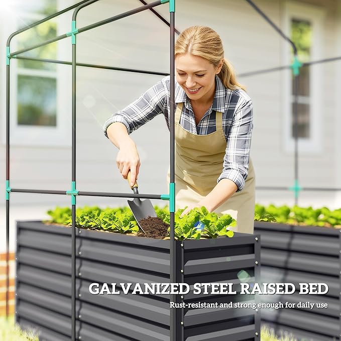 Outsunny Greenhouse with Raised Garden Bed, 56" x 56" x 75" Galvanized Steel Planter Box with PE Cover, Roll Up Door and Windows, Outdoor Greenhouse for Flowers Vegetables, Dark Gray