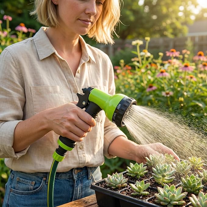 Garden Hose Nozzle Sprayer– this high heavy-duty spray nozzle offer 9 watering patterns for watering plants, lawns & gardens, washing cars, household (Green Dark)