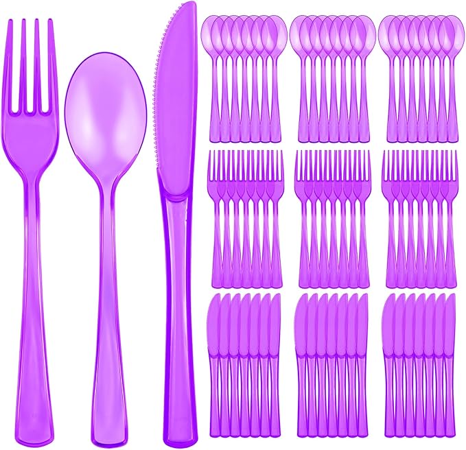 75 PCS Plastic Silverware Disposable Silverware Heavy Duty Utensil Sets 25 Of Each Forks Knives & Spoons Disposable Cutlery Set For Easter,Birthday,Baby Shower,Garden Party,Wedding(75,Purple)