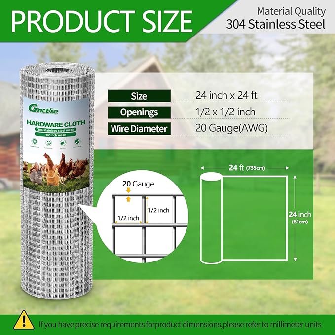 Hardware Cloth 1/2 inch 20 Gauge Small Size 304 Stainless Steel mesh Chicken Welded Wire Fencing Wire Mesh Roll Fencing Garden Fence Squirrel Tunnel Network 24in×24ft
