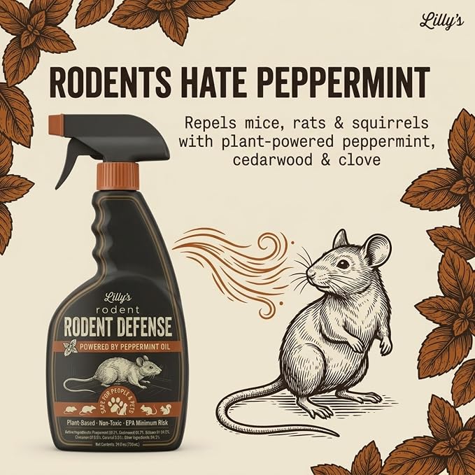 Rodent Repellent Peppermint Oil Spray for Rodents, 24 oz | Repels Mice, Rats, Squirrels & Chipmunks | Plant-Based Mouse Repellent for Indoor, Outdoor, Cars & Garages | Lilly's Rodent Defense