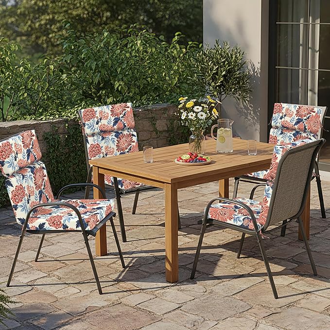 DYTXIII Outdoor High Back Chair Cushions Set of 2, 44"x22" Water Repellent Patio Seat Cushions with Elastic Sponge, All Weather Chair Pads for Rocking, Dining Chairs, Patio Furniture - Ruby Flower