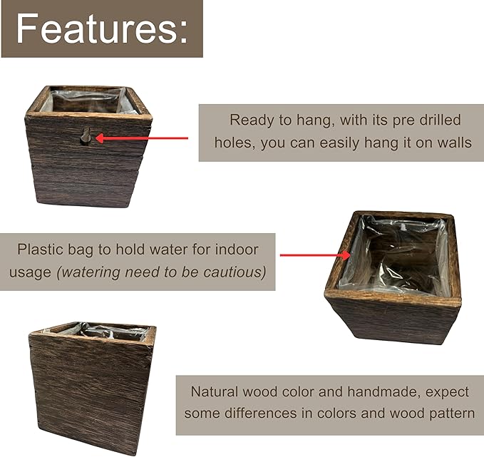 LaLaGreen Wood Planter Boxes for Indoor Plants (4x4 Inch, 6 Pack) Small Square Wall Mounted Planters Flower Pot, Herb Wooden Box Hanging Plant Holder Outdoor Balcony Vertical Garden Modern Home Decor