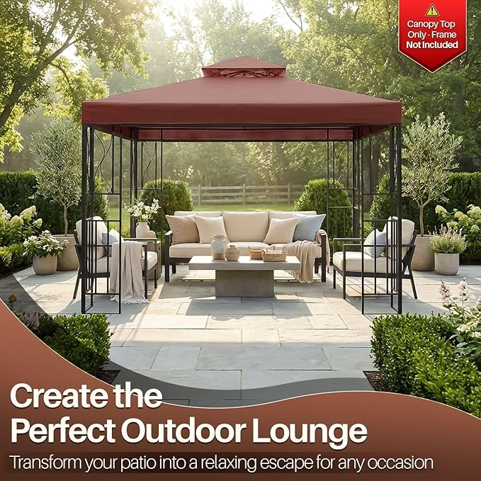 Flexzion Gazebo Cover Replacement Canopy Top 8x8 Ft (2.4m x 2.4m) - Double Tier Top Canopy Cover Replacement with UV30+, Dirt, Water Resistant for Outdoor, Sunshade, Garden, Patio, Pavilion (Brown)