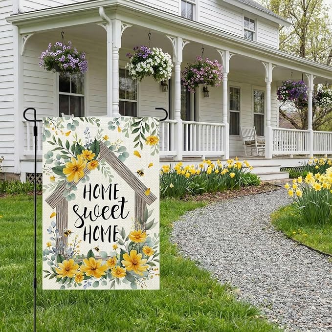 CROWNED BEAUTY Spring Home Sweet Home Garden Flag Eucalyptus Yellow Wildflowers Welcome 12x18 Inch Double Sided Small Floral Seasonal Holiday Decoration for Outdoor Lawn Yard