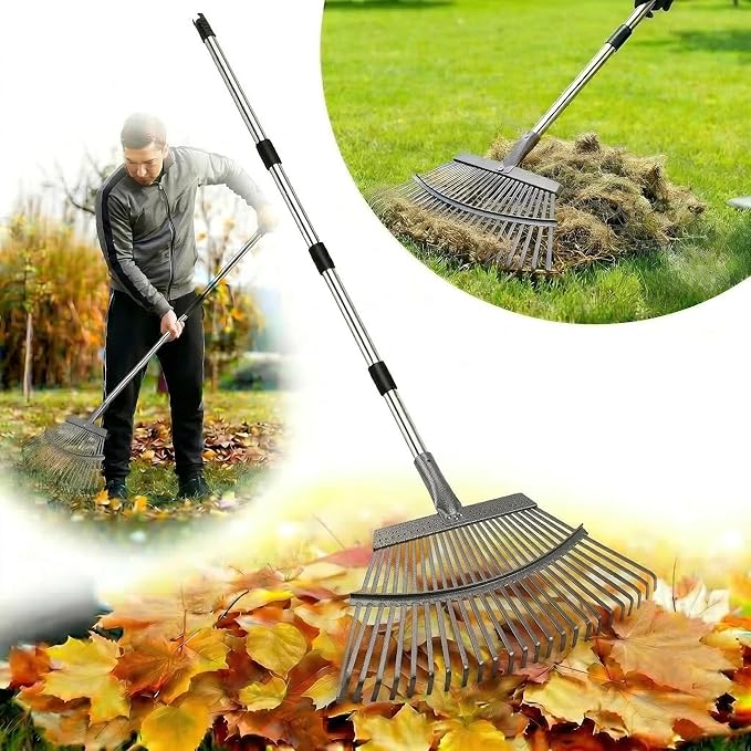 Garden Rake for Leaves, 20" Ultra Wide Heavy Duty Metal Leaf Rake, 40-68" Adjustable Long Handle Yard Rake with 25 Tines Head Women Kids Rakes for Lawns,Shrub,Grass,Pine Needles,Debris