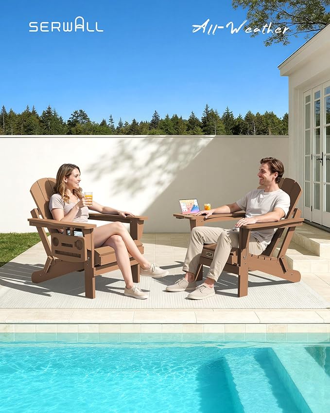SERWALL Folding Adirondack Chair, Adirondack Chairs with 4 in 1 Multi-Functional Cup Holder, Wood-Like Patio Chair, Lawn Chairs, Weather Resistant HIPS Plastic Fire Pit Chair for Garden, Backyard