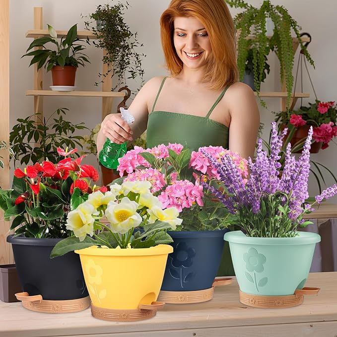 gegemaoyi Plastic Plant Pots 10 Inch Set of 4, Self Watering Pots with Drainage Holes, Saucer & Reservoir, Flower Pots for Indoor/Outdoor Plants, Decorative Nursery Planting Pots (Multicolor)
