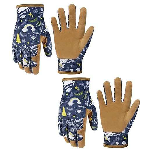 HANDLANDY 2 Pairs Kids Genuine Leather Gardening Gloves for age 2-9, Children Work Gloves for Boys, Girls, Toddlers (Blue, M)