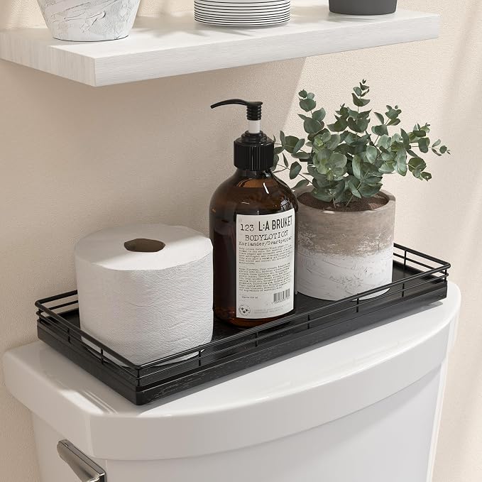 Oak Bathroom Toilet Tank Tray, 13" Wood Toilet Paper Storage Basket Back of Toilet Basket Organizer, Vanity Tray for Perfume Makeup Candle Kitchen Counter Coffee Table Black Tray Decor