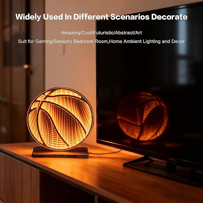 3D Basketball Infinity Mirror Light, LED Infinity Mirror Night Light with Glowing Sports Effect, USB Powered 3D LED Lights for Man Cave & Game Room, Unique Basketball Gift for Boys Men, 9.1"