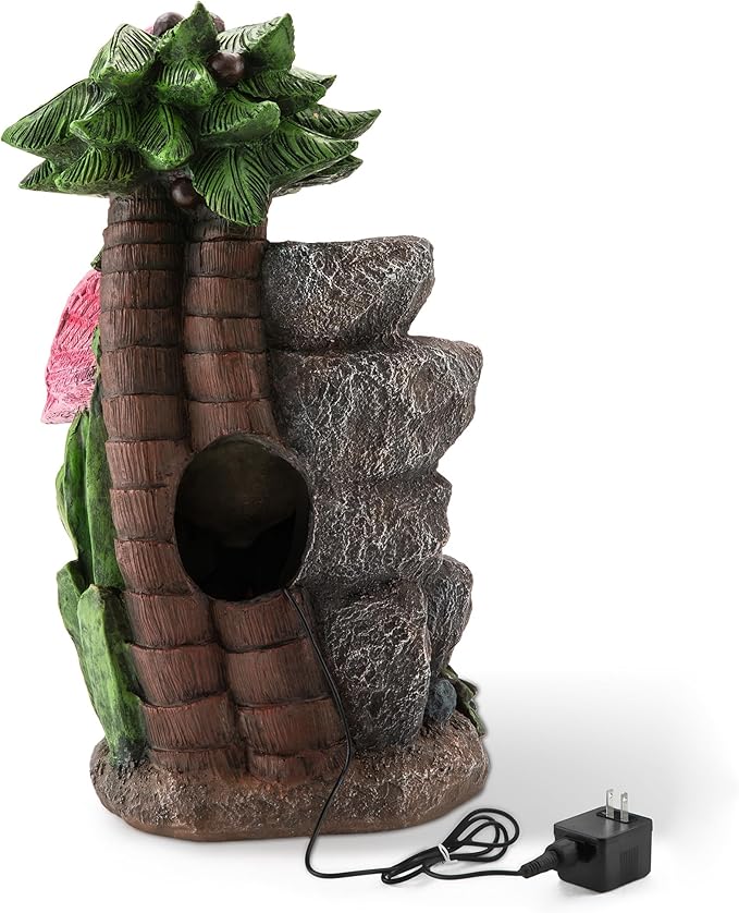 Glitzhome Outdoor Water Fountain, 4-Tiered Flamingo Outdoor Fountain with Lights, 23.5" H Polyresin Decorative Waterfall Feature Garden Fountain with Pump for Garden, Patio, Yard, Deck, Porch Decor