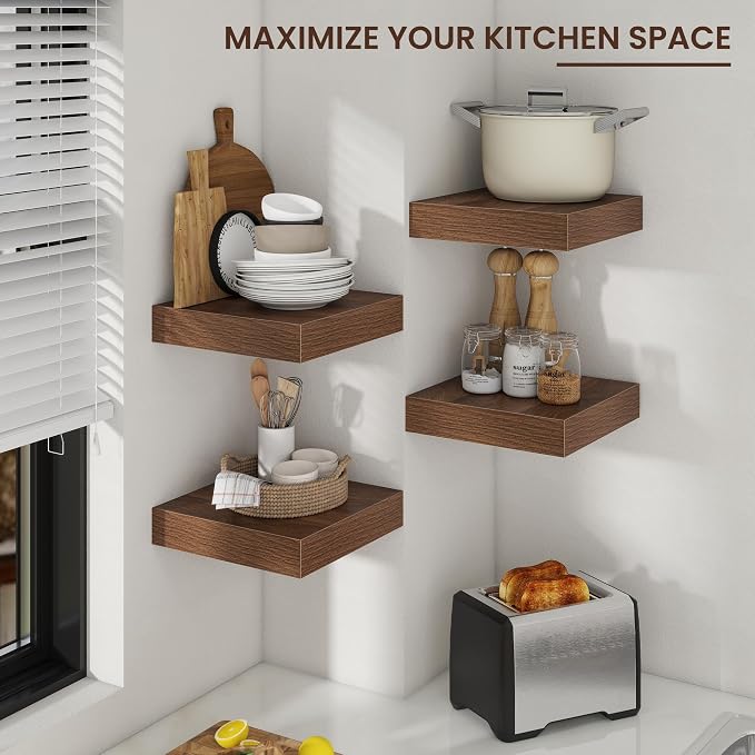 12 Inch Floating Shelves for Wall, Square Storage Shelves, Walnut Finish