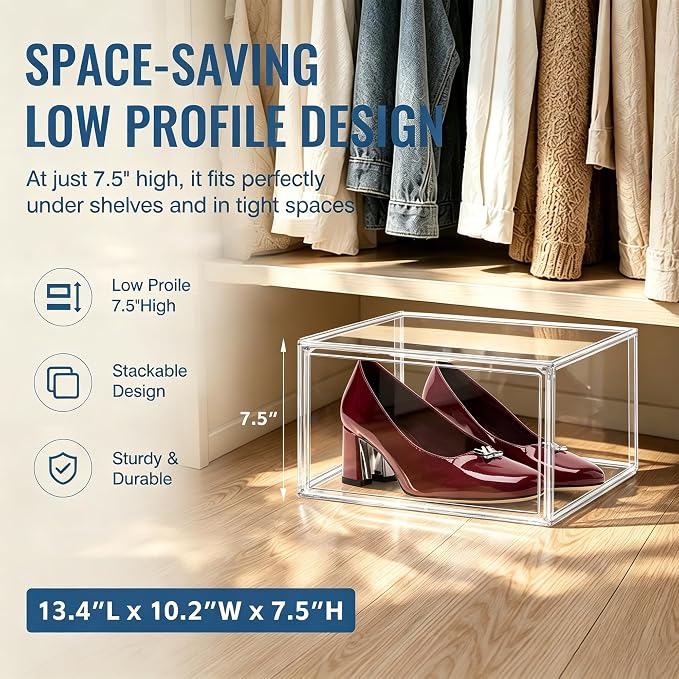 Low Profile Acrylic Shoe Storage Box for Flats,Loafers&Small Spaces,Size 12