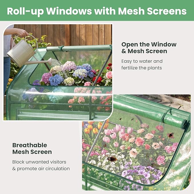 HAPPYGRILL Raised Garden Bed with Cover, Outdoor Planter Raised Bed w/2 Large Zipper Mesh Screen Windows, Galvanized Metal Planter Box for Gardening, Flowers, Vegetables (Green & Silver)