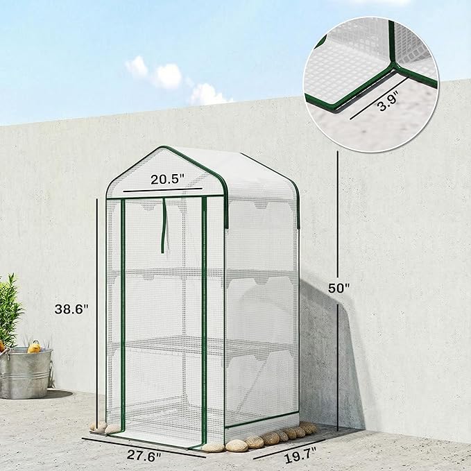 Outsunny 3 Tier Mini Greenhouse with Screen Roof, 27.6" x 19.7" x 50", Portable Small Greenhouse with High Strength PE Cover, Roll-Up Zipper Door for Garden Yard Backyard, White