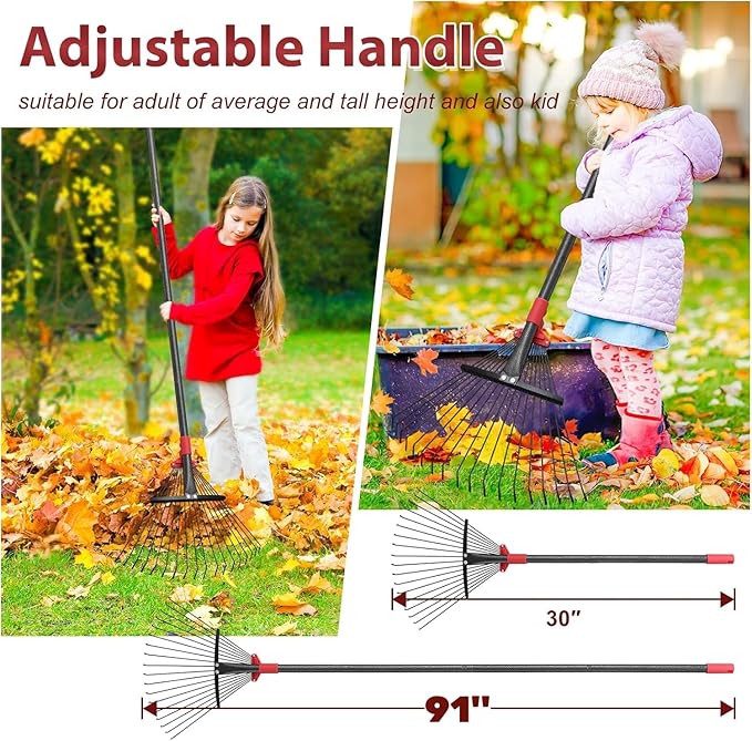 91Inch Adjustable Metal Leaf Rake, 18 Metal Tines Heavy Duty Leaves Rake for Lawns with 8-18" Expandable Head Long Handle Garden Rakes for Women Kids Leaves Yard Gardening Grass Outdoor Camping Debris