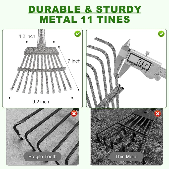 Garden Rake for Leaves, Heavy-Duty Small Metal Rake for Lawn, Yard, Garden Beds, Debris & Shrubs, 6 ft Adjustable Handle for Kids and Adults